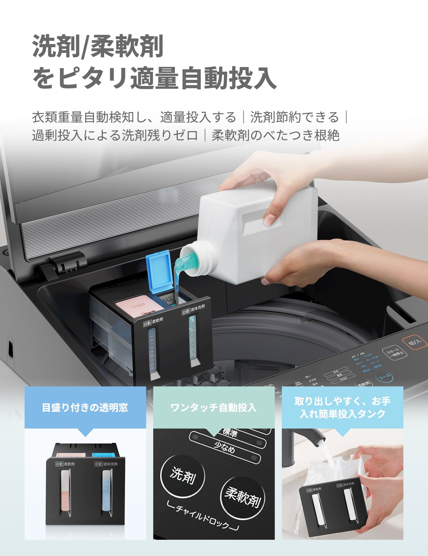 COMFEE’洗濯機 8kg 洗剤自動投入 風乾燥 黑 CA-80A1(T)